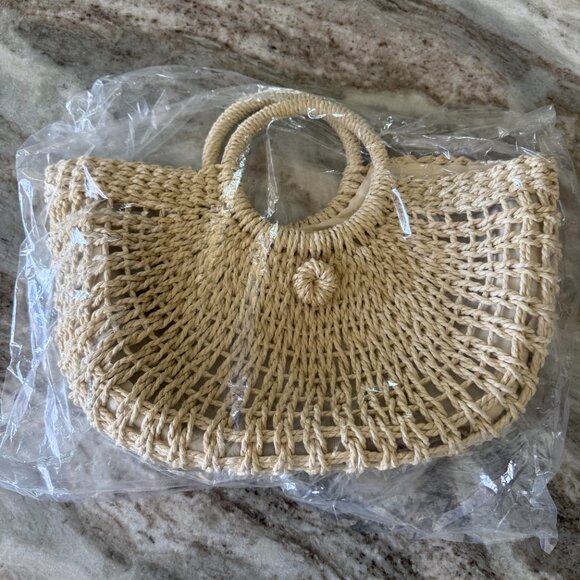 NEW Beige Bamboo Woven Semicircle Tote Handbag - Picture 4 of 12